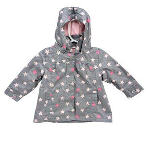 Smile Rain Jacket Baby Girls Grey Pink Star Print Removable Hood Size 68 6-9M